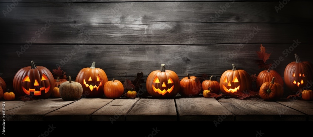 Poster Halloween themed empty table with wood Copy space image Place for adding text or design