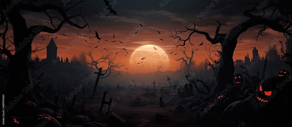 Poster Halloween themed backdrop with eerie graveyard bare trees graves bats and space for text Copy space image Place for adding text or design