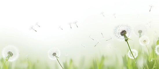 Dandelion flowers on white background in artistic spring layout Copy space image Place for adding...
