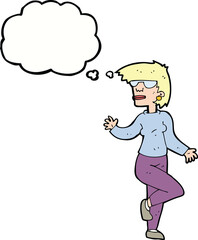 cartoon woman waving with thought bubble