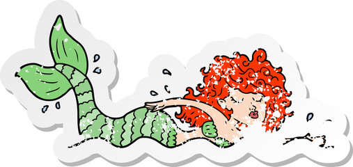distressed sticker of a cartoon mermaid