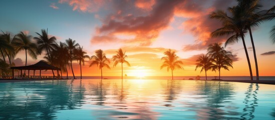 Luxurious beachfront resort with palm trees infinity pool and serene sunset views on a tropical island Copy space image Place for adding text or design - obrazy, fototapety, plakaty