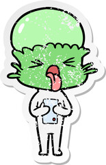 distressed sticker of a disgusted cartoon alien