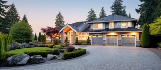 Luxurious custom built suburban Vancouver house with beautiful front yard and spacious driveway to the garage Copy space image Place for adding text or design - obrazy, fototapety, plakaty