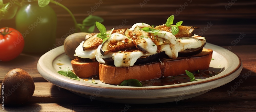 Poster Grilled eggplant and mozzarella accompany toast Copy space image Place for adding text or design