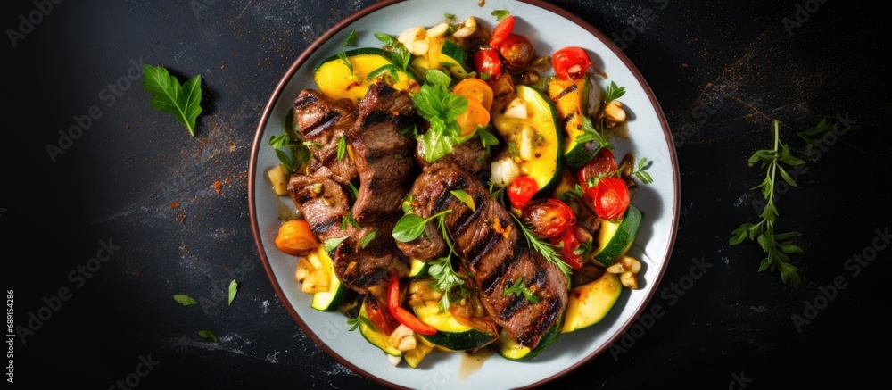 Poster Grilled meat and vegetable salad with zucchini peaches green onions and peppers Overhead view on tiled background Copy space image Place for adding text or design