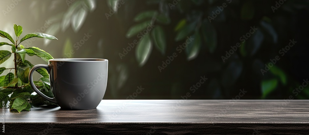 Poster beautiful coffee cup on island or table countertop in modern kitchen with dark grey design interior 