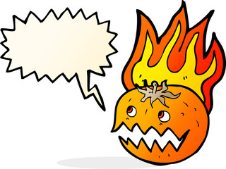 cartoon flaming pumpkin with speech bubble