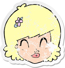 retro distressed sticker of a cartoon happy female face
