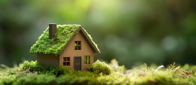 Mossy model home in garden eco concept with copy space and ferns Copy space image Place for adding text or design