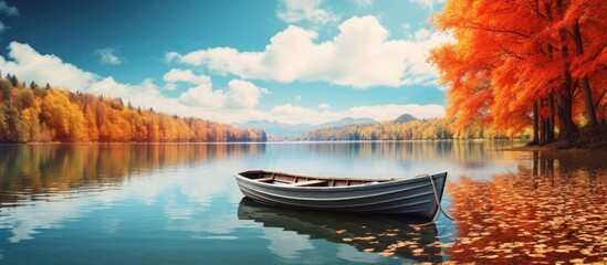 Autumn forest with vibrant colors and a boat on the lake Copy space image Place for adding text or design