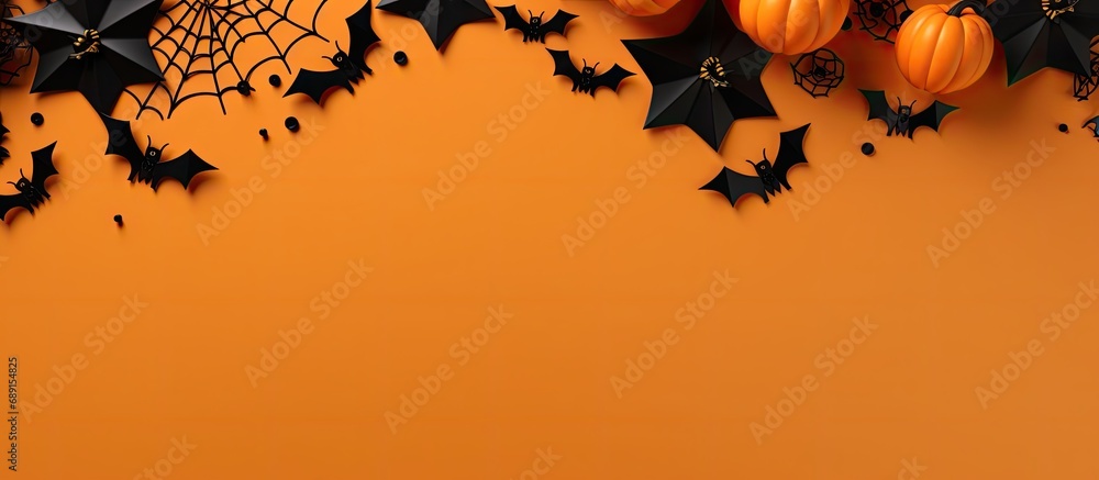 Poster Halloween decorations pumpkin paper bats black spider on orange background Flat lay top view Copy space available Copy space image Place for adding text or design