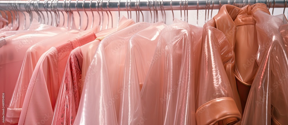 Poster laundry hanging on hangers in plastic bags up close copy space image place for adding text or design