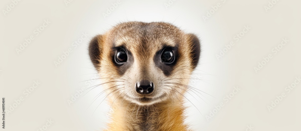 Poster Meerkat portrait on white backdrop Copy space image Place for adding text or design