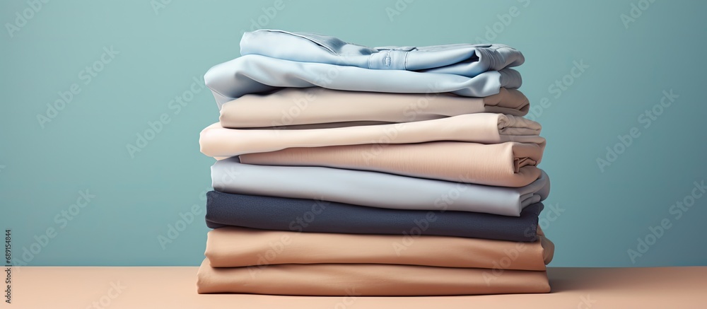 Poster clean clothes stacked on a beige background close up view of blue and white cotton garments cleaning