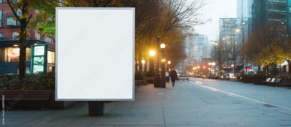 Poster mock up of a clear street signage board in an urban city environment placed outdoors on a pedestrian