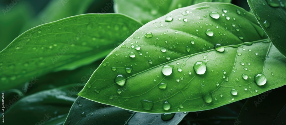 Poster Green leaf with water droplets symbolizes environmental care and sustainable resources creating a natural green texture background Copy space image Place for adding text or design