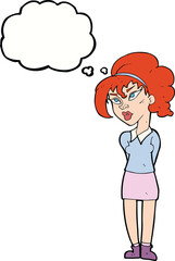 cartoon pretty girl tilting head with thought bubble