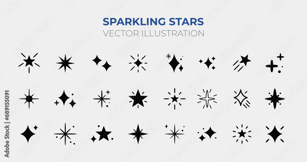 Wall mural sparkling stars. retro futuristic sparkle icons collection. set of star shapes. abstract cool shine 