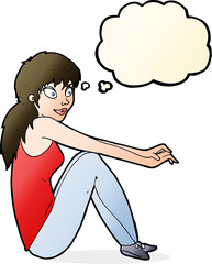 cartoon happy woman sitting with thought bubble