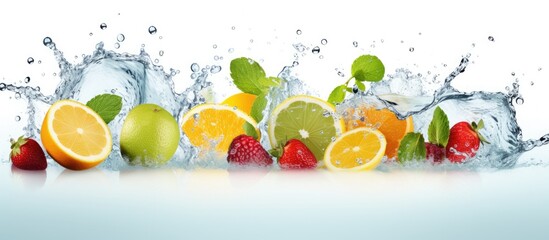 Fruit infused water splash with mint and ice on white background Copy space image Place for adding text or design