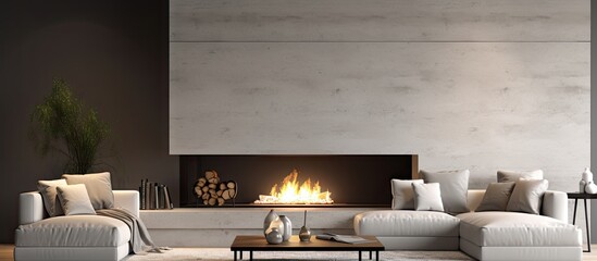 Modern living room with 3D rendered fireplace Copy space image Place for adding text or design