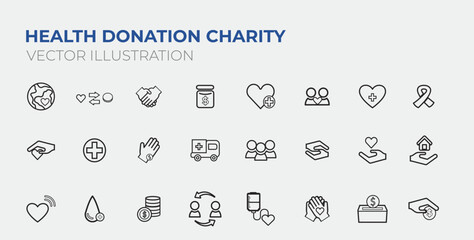 Health donation charity outline vector. Charity - thin line vector icon set. Pixel perfect. Editable stroke. The set contains icons: Charity, Charitable Donation, A Helping Hand, Volunteer, Heart,