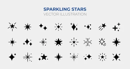 Poster Sparkling Stars. Retro futuristic sparkle icons collection. Set of star shapes. Abstract cool shine effect sign vector design. Templates for design, posters, projects, banners,  © Andrez Maria