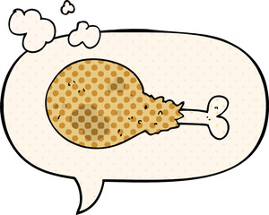 cartoon cooked chicken leg with speech bubble in comic book style