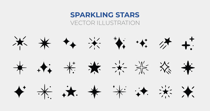 Sparkling Stars. Retro futuristic sparkle icons collection. Set of star shapes. Abstract cool shine effect sign vector design. Templates for design, posters, projects, banners, 