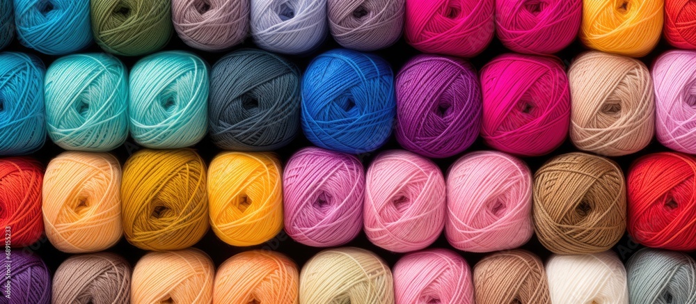 Poster Colorful yarn in close up used for needlework displayed on store racks and shelves Copy space image Place for adding text or design