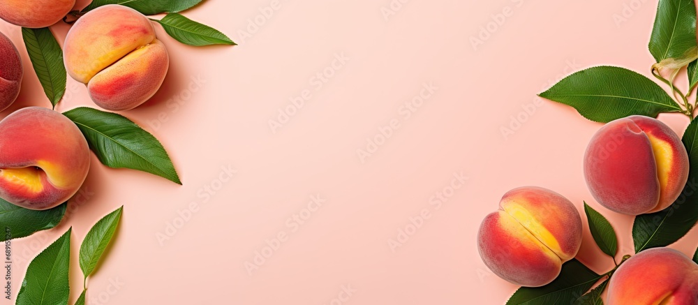 Poster flat lay composition of ripe peaches with green leaves on pink background top view with copy space f