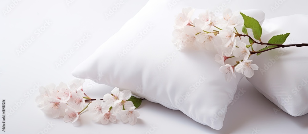 Poster Floral cushions on white surface Copy space image Place for adding text or design