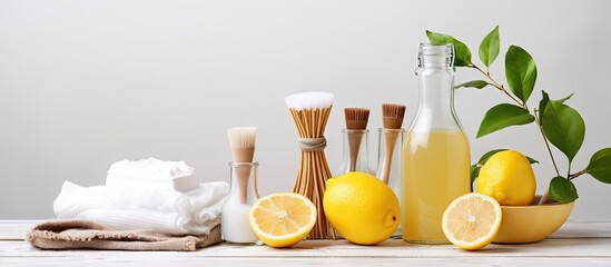 Environmentally friendly cleaning using wooden brushes lemon baking soda and vinegar with no waste Copy space image Place for adding text or design