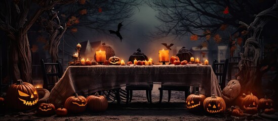 Obraz premium Halloween dining table decor idea Copy space image Place for adding text or design