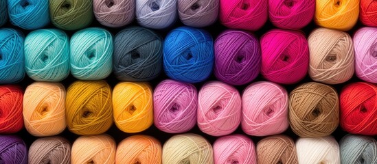Colorful yarn in close up used for needlework displayed on store racks and shelves Copy space image Place for adding text or design - obrazy, fototapety, plakaty