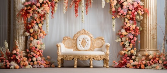 Indian wedding stage decorations adorned with beautiful flowers Copy space image Place for adding text or design - obrazy, fototapety, plakaty