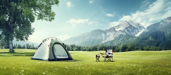 Campsite with white tent tree green grass mountain backdrop camping gear chairs Copy space image Place for adding text or design