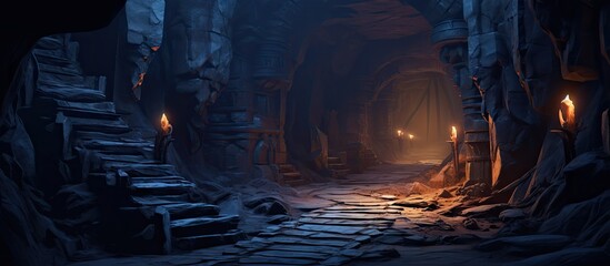 Magical cave with lantern lit walls leading to mystical glow in ancient ruins with empty tunnel...