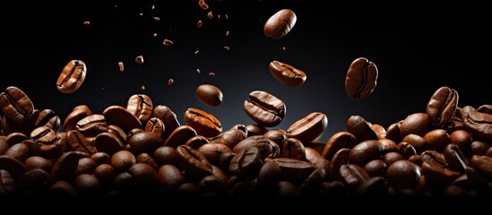 Coffee beans cascading on a dark background symbolizing a revitalizing breakfast Copy space image Place for adding text or design