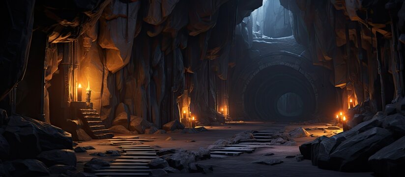 Magical cave with lantern lit walls leading to mystical glow in ancient ruins with empty tunnel Copy space image Place for adding text or design