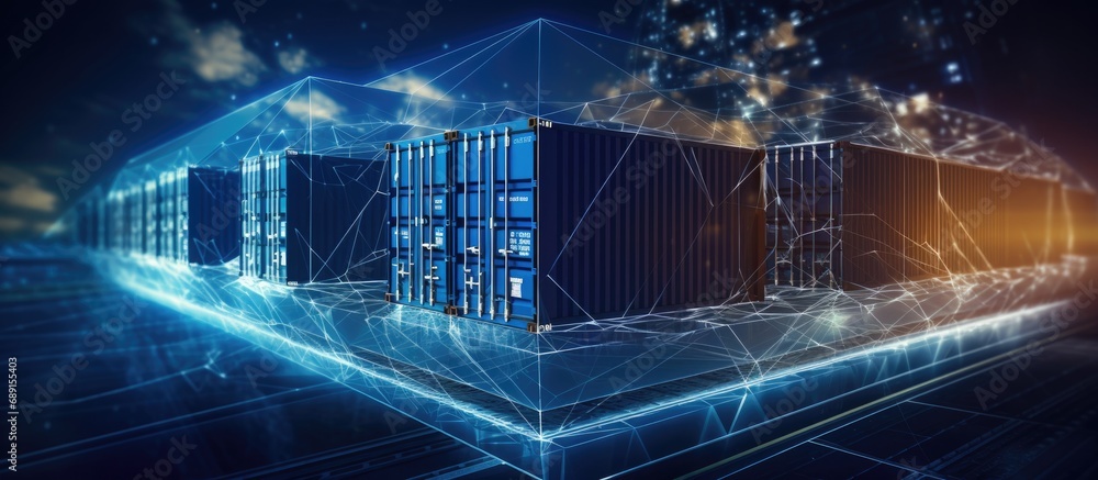 Poster Futuristic international delivery concept for global logistics using technology and container ships with a world map network for supply chain distribution and customs Copy space image Place for