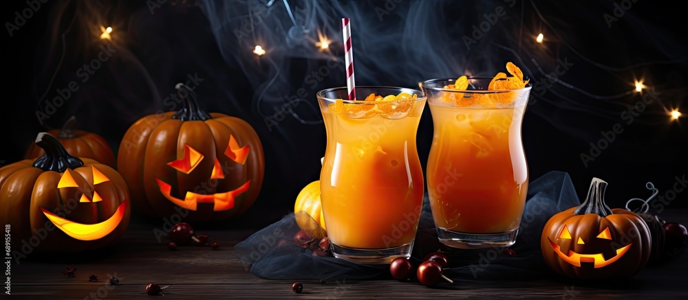 Poster Halloween party decorations with pumpkin and carrot drinks jack o lantern faces juice glowing garlands and cobwebs on a dark gray background Copy space image Place for adding text or design