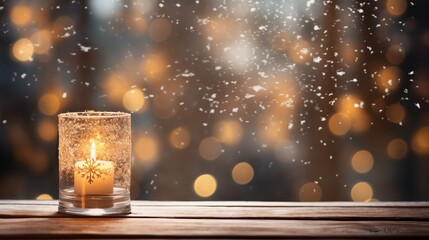 Candle in windowsill against on a background of snowy forest and snow-covered trees outside the window - obrazy, fototapety, plakaty