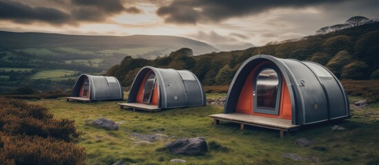 North Wales UK offers empty camp sites with camping pods Copy space image Place for adding text or design - obrazy, fototapety, plakaty