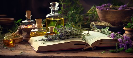 Flower remedies and natural healing with herbs oils crystals in an old fashioned pagan book Copy space image Place for adding text or design
