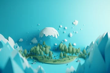 Poster Im Rahmen 3d rendering of a mountain landscape with hot air balloons and trees © Sahil