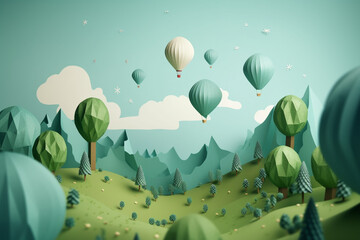 3d rendering of a mountain landscape with hot air balloons and trees