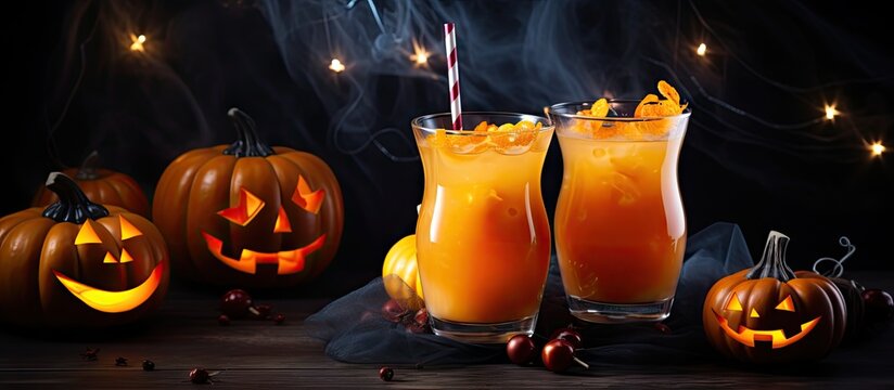 Halloween party decorations with pumpkin and carrot drinks jack o lantern faces juice glowing garlands and cobwebs on a dark gray background Copy space image Place for adding text or design