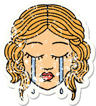 distressed sticker tattoo in traditional style of female face crying